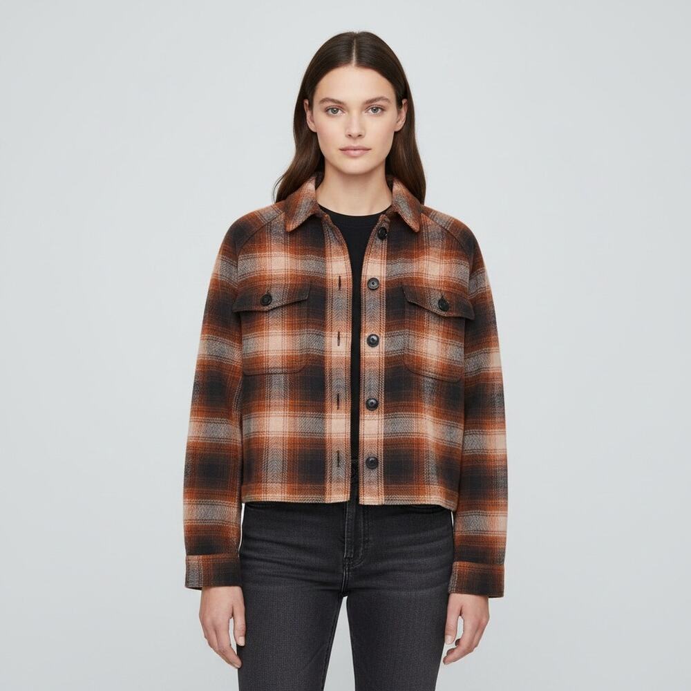 Madewell 100% Cotton Flannel Crop Shirt-Jacket in Plaid Brown/Orange Size M